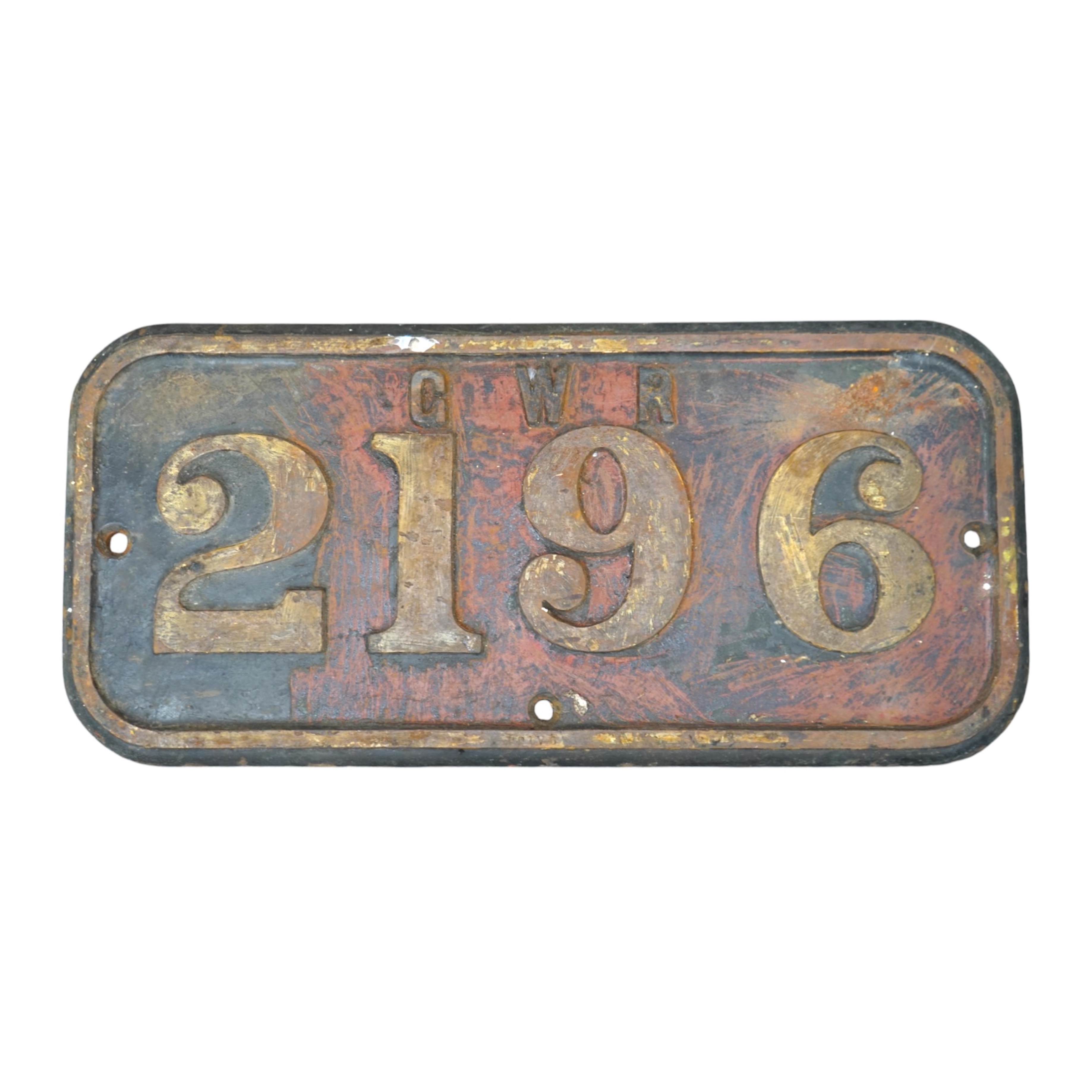 A cast iron GWR locomotive cab side number plate for an 0-6-0ST locomotive, ‘Gwendraeth’ 2196, built in 1906 by the Avonside Engine Company for the Burry Port and Gwendraeth Valley Railway, withdrawn by BR in 1956, dimen